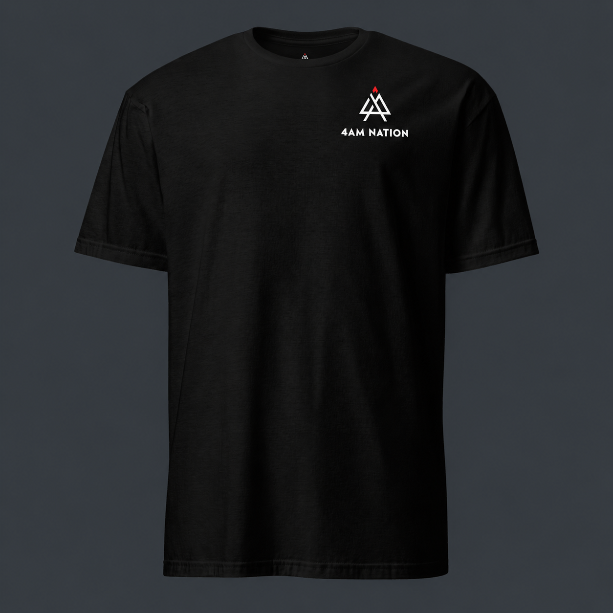 Black t-shirt with a '4 AM NATION' logo on the chest against a dark background