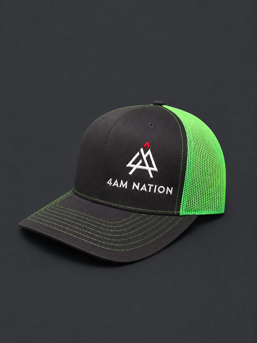 Charcoal hat with neon green mesh back and 4AM Nation logo on a dark background
