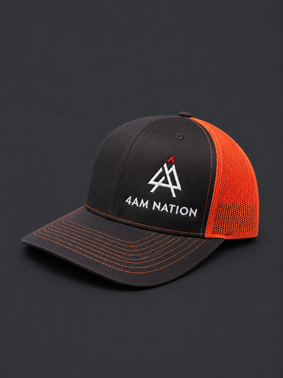 Charcoal and neon orange cap with '4AM Nation' logo on a dark background