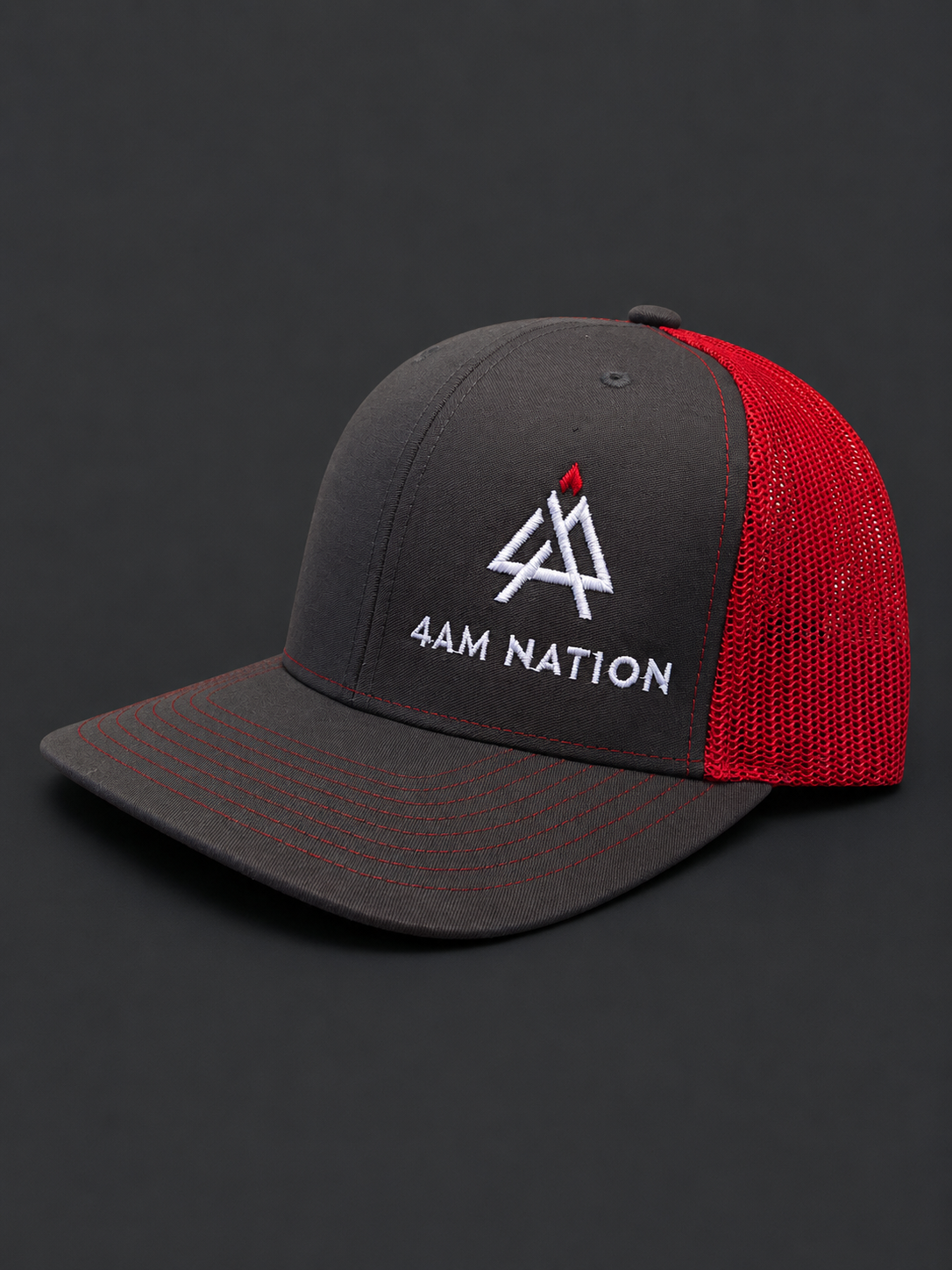 Charcoal and red hat with '4AM Nation' logo on a black background