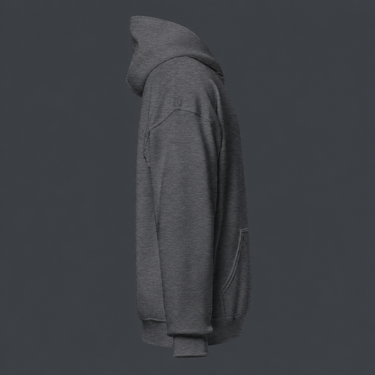 Dark heather gray hoodie against a dark background