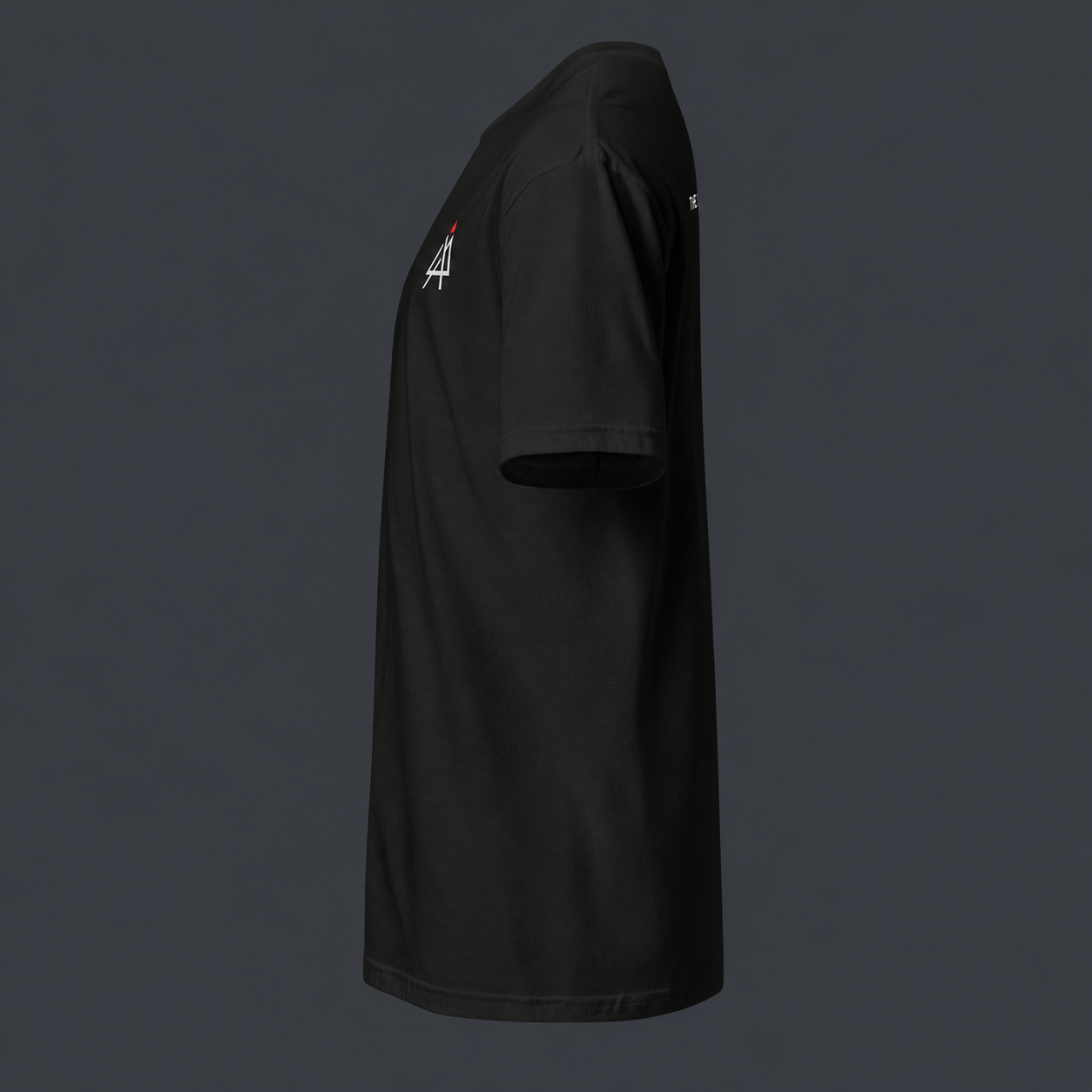 Black t-shirt left side view with '4 AM NATION' logo on the left chest against a dark background