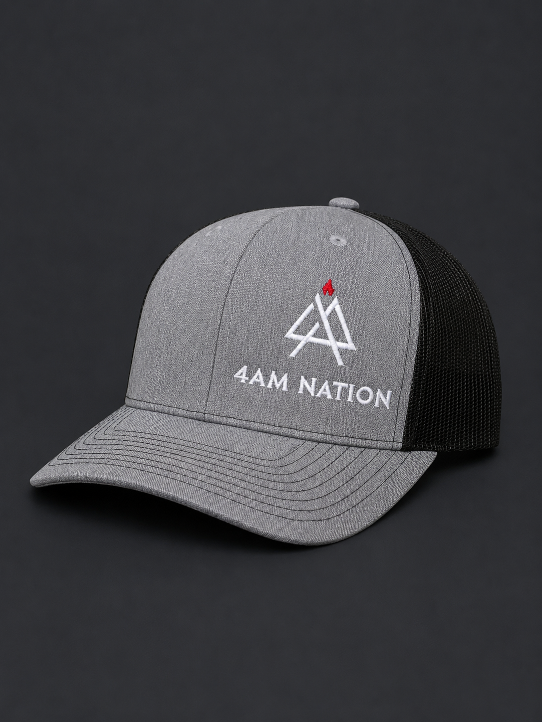 Heather gray and black cap with '4AM Nation' logo on a dark background