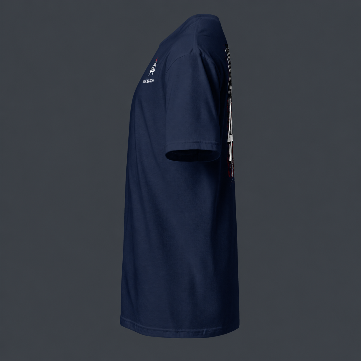 Navy blue t-shirt with '4 AM NATION' logo on left chest on a dark gray background