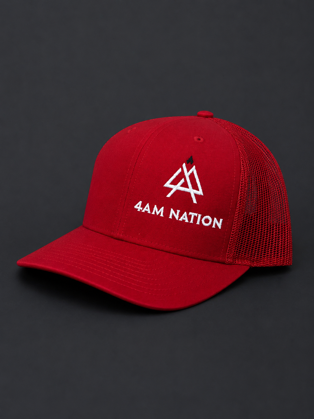 Red hat with '4AM Nation' logo on a dark background