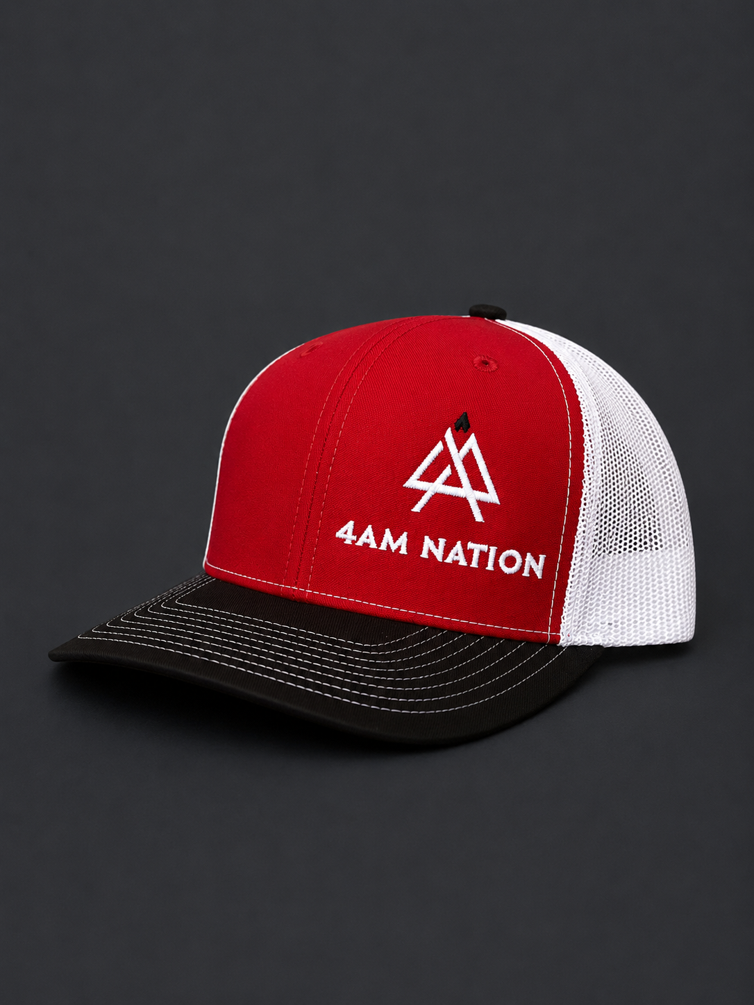 Red white and black hat with '4 AM NATION' logo on dark background.