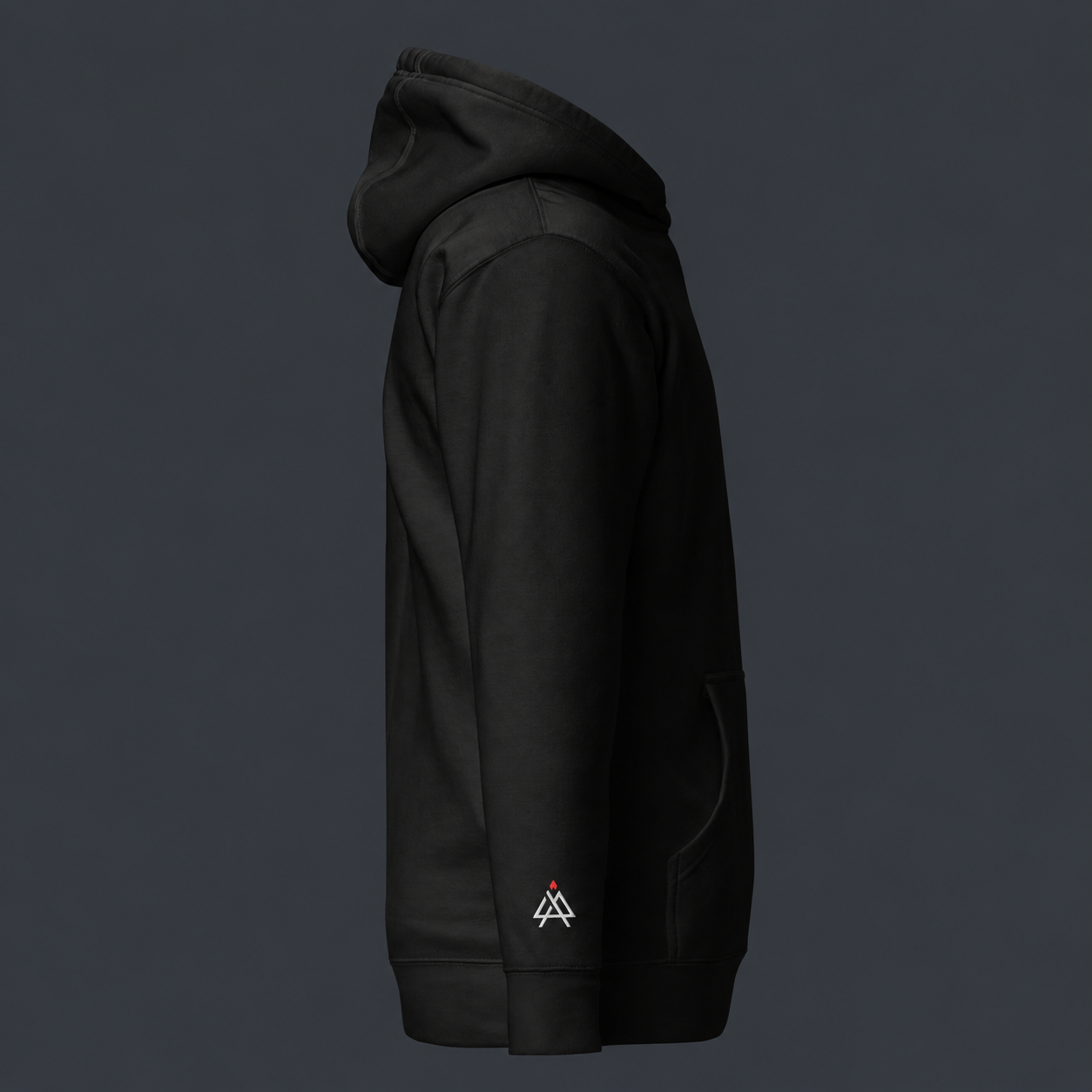 Black hoodie right side view with a small '4 AM NATION' logo on the right sleeve against a dark background
