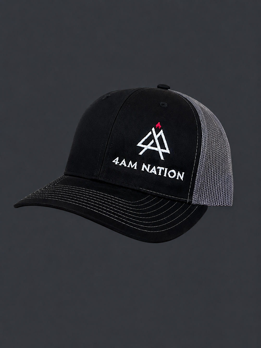 Black and charcoal gray hat with '4AM Nation' logo on a dark background