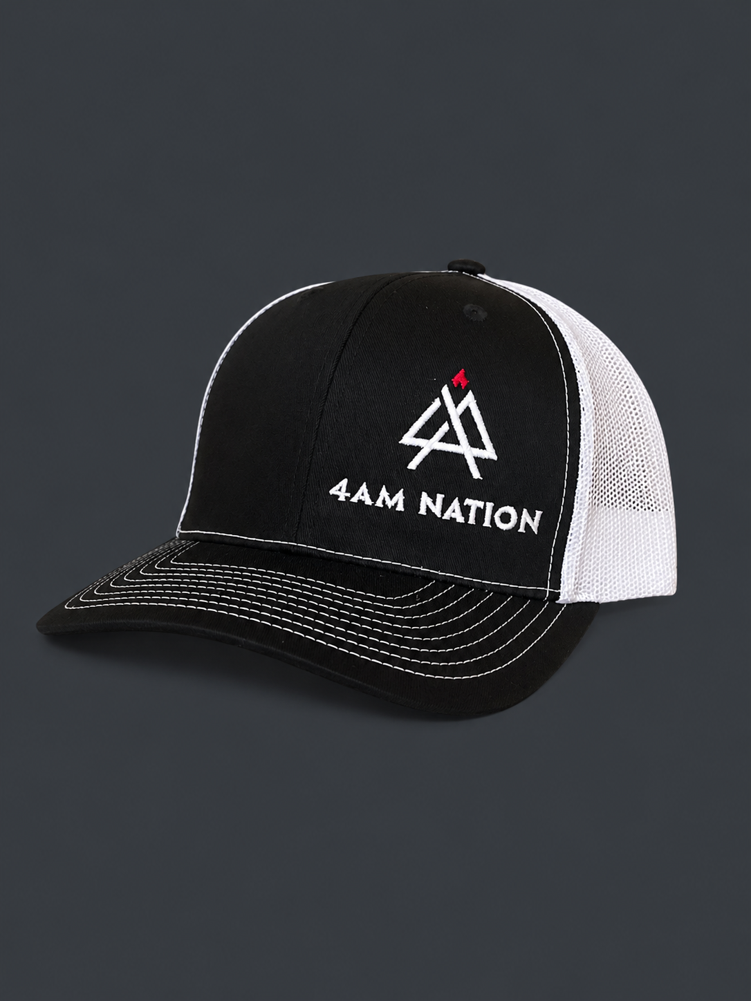Black and white hat with '4AM Nation' logo on a dark background