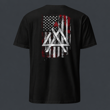 Load image into Gallery viewer, Black t-shirt with a '4 AM NATION FLAG' on the back against a dark background