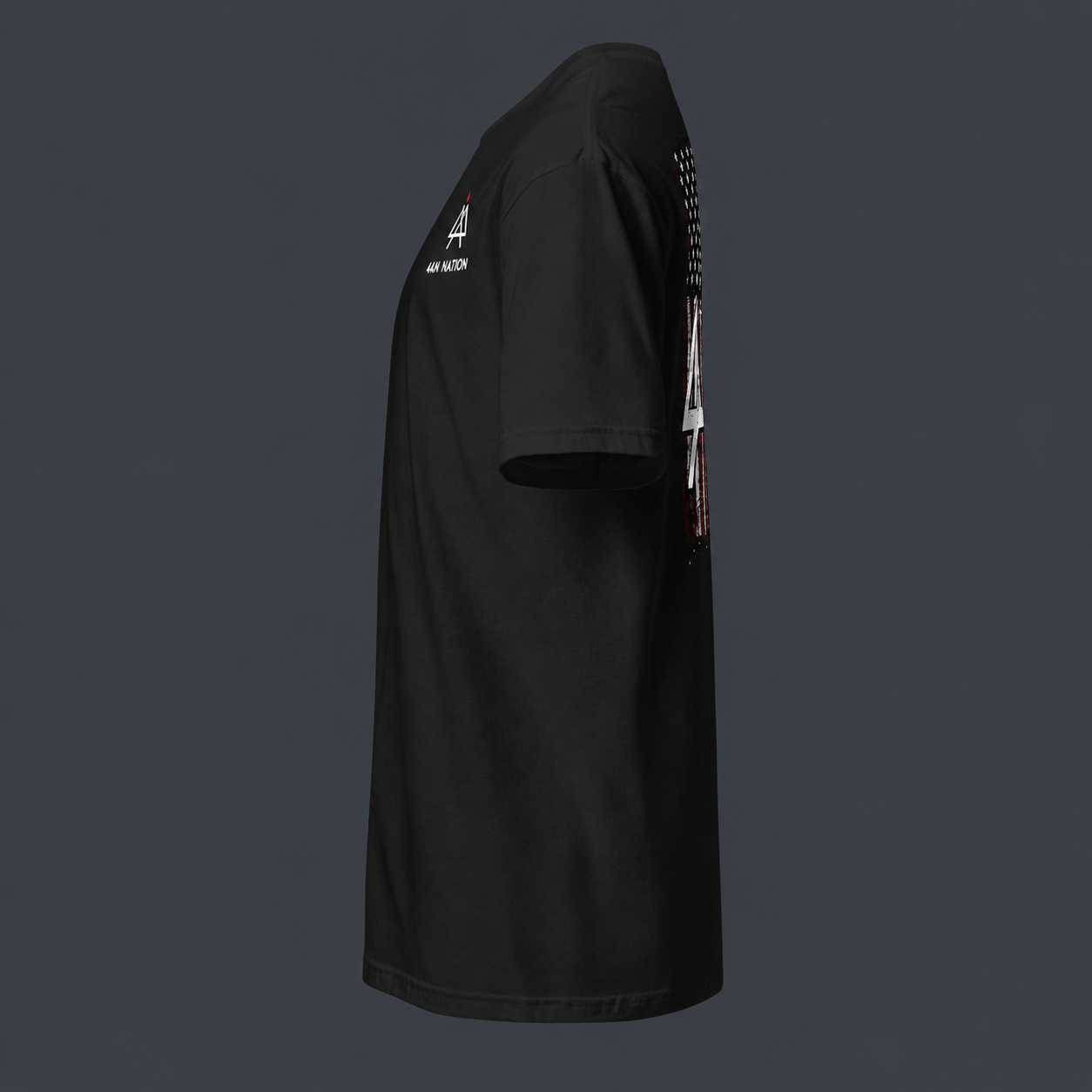 Black t-shirt with '4 AM NATION FLAG AND LOGO' and text on a black background