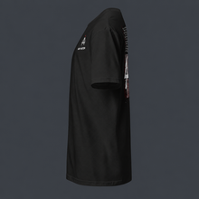 Load image into Gallery viewer, Black t-shirt with '4 AM NATION FLAG AND LOGO' and text on a white background