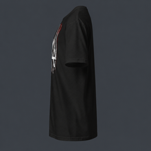Load image into Gallery viewer, Black t-shirt with a '4 AM NATION' flag on the back against a dark gray background