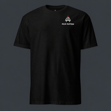 Load image into Gallery viewer, Black t-shirt with a '4 AM NATION' logo on the chest against a dark background