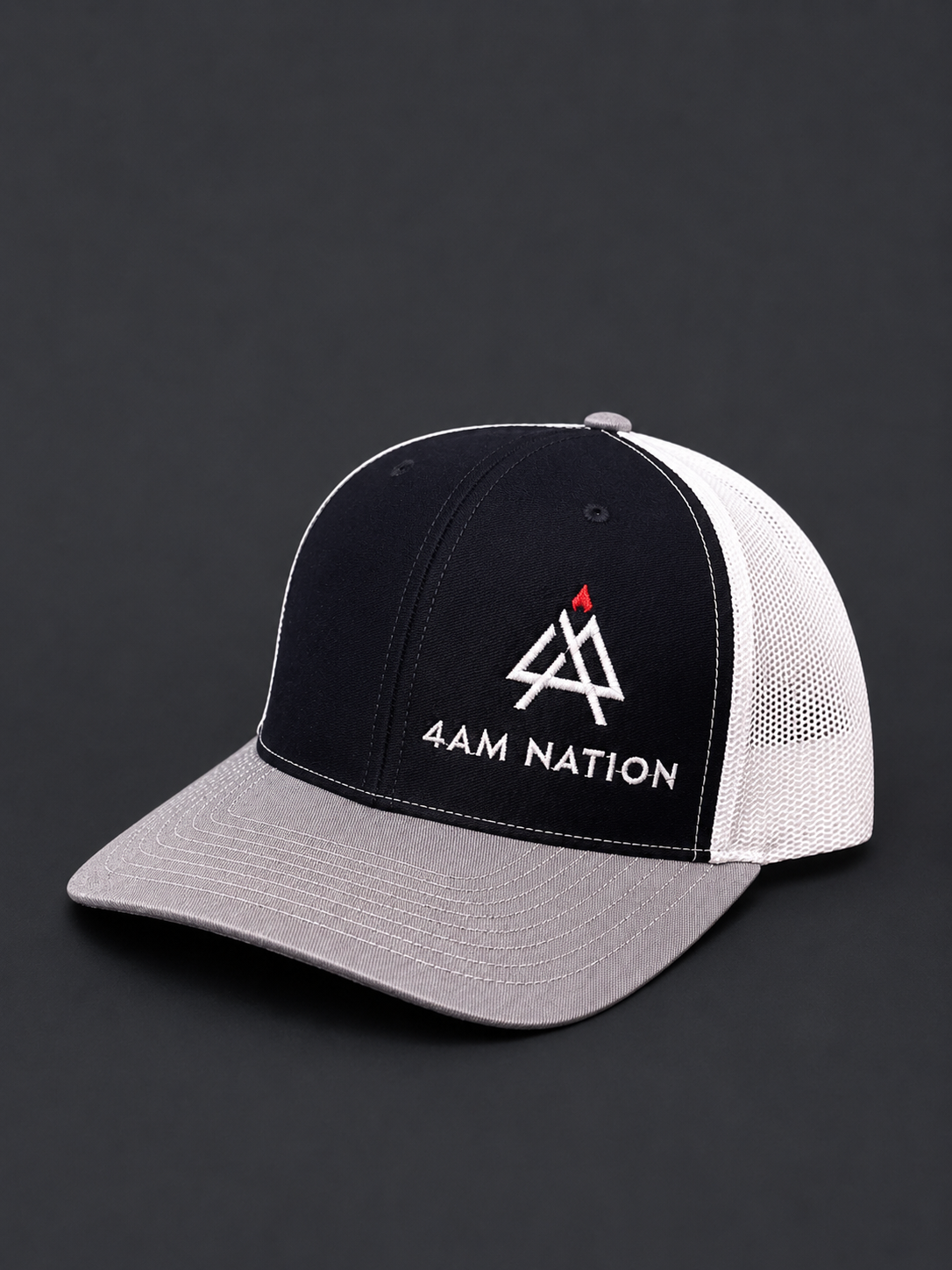 Black white and heather gray hat with '4 AM NATION' logo on dark background