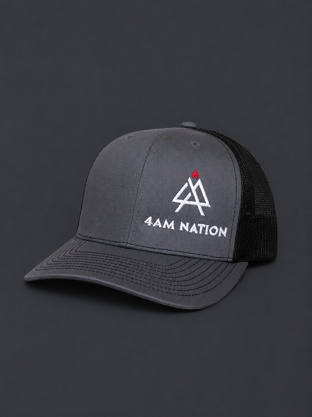 Charcoal and black hat with '4AM Nation' logo on a dark background
