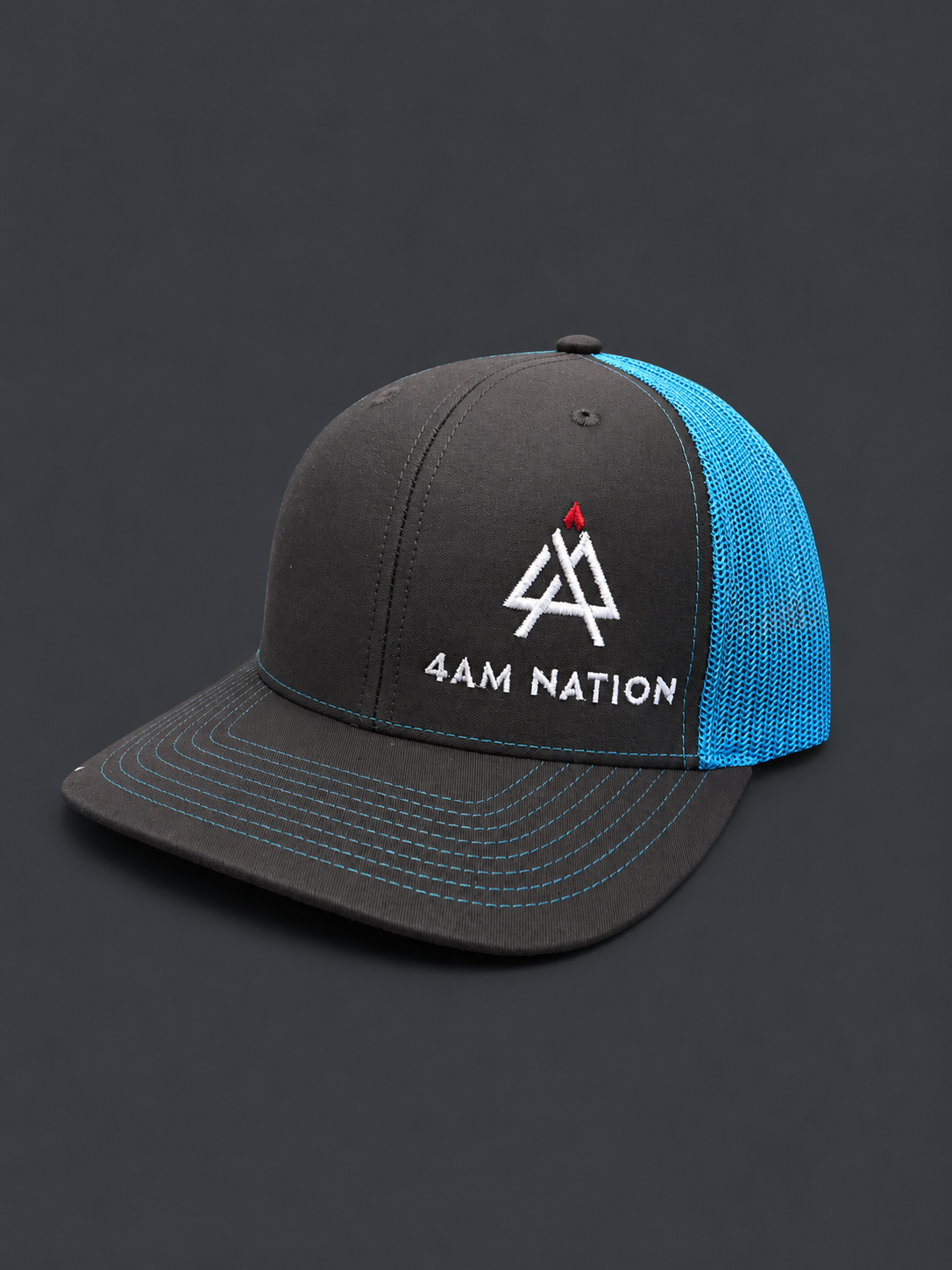 Charcoal gray and neon blue hat with '4AM Nation' logo on a dark background