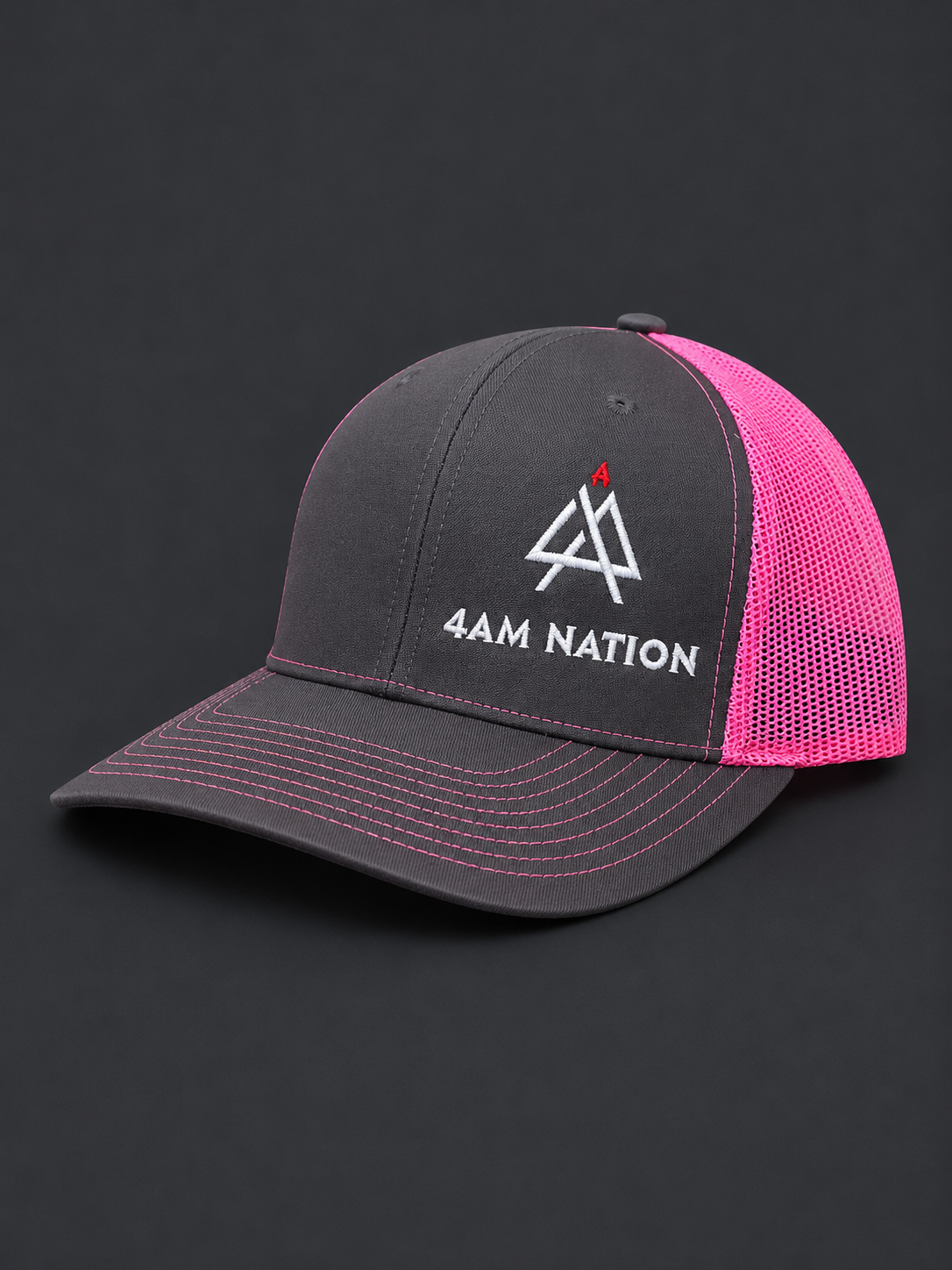 Charcoal Gray and neon pink hat with '4AM Nation' logo on a black background