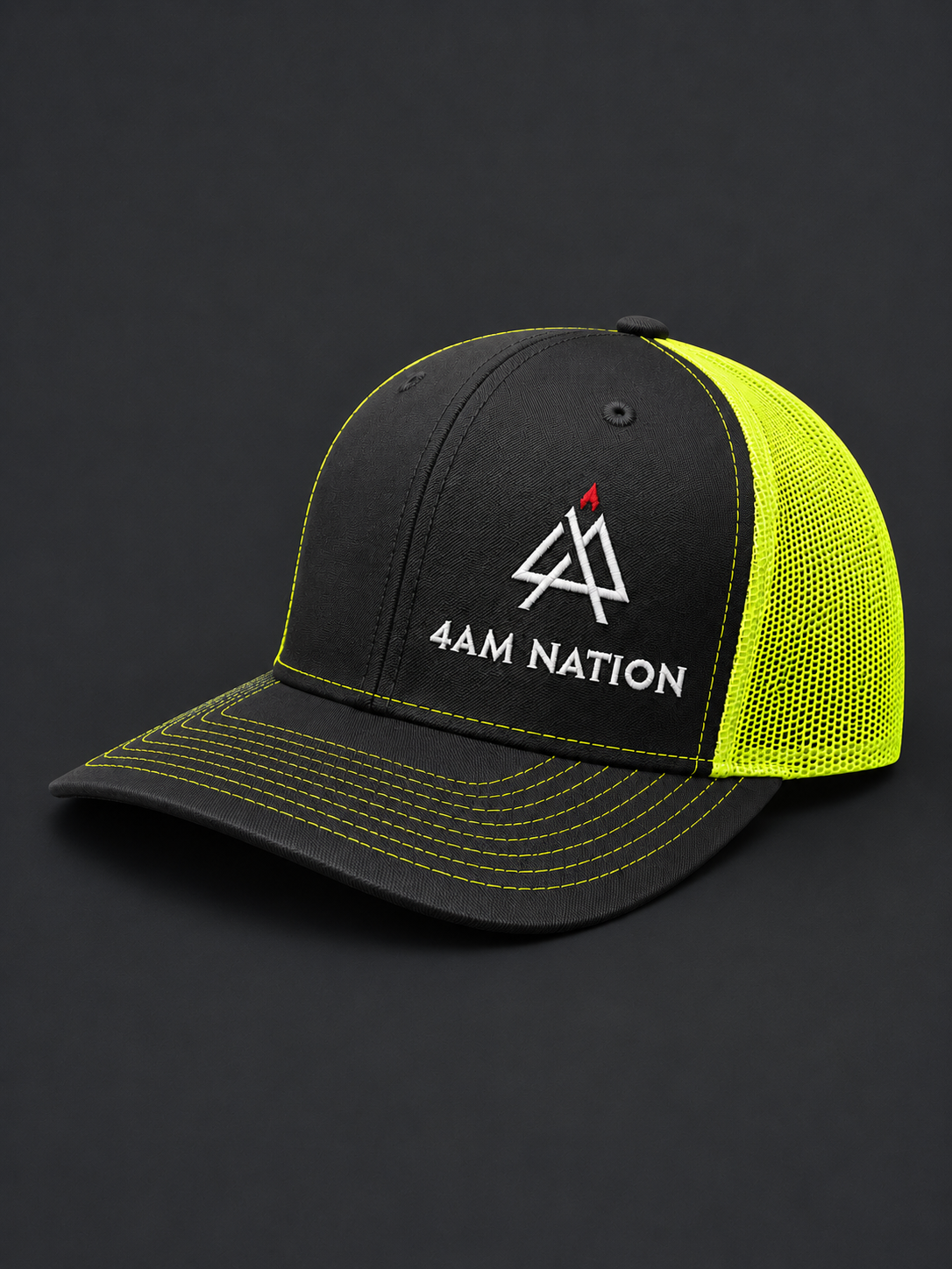 Charcoal and neon yellow cap with '4AM Nation' logo on a dark background