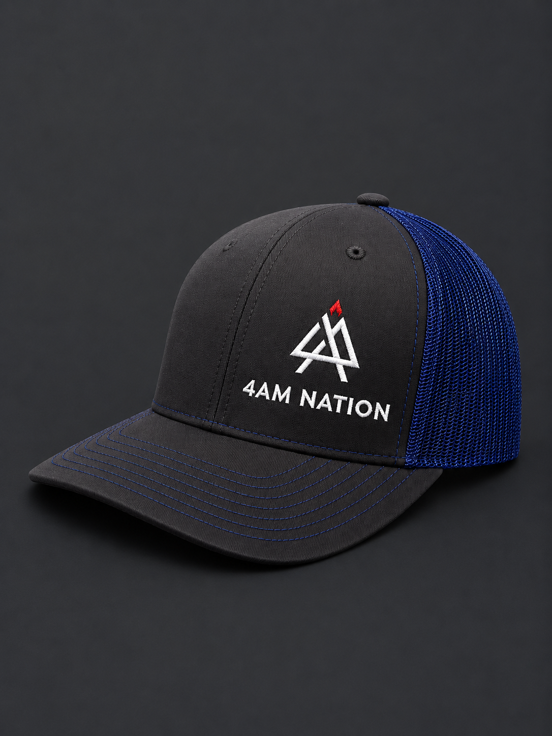 Charcoal and royal hat with '4AM Nation' logo on a dark background