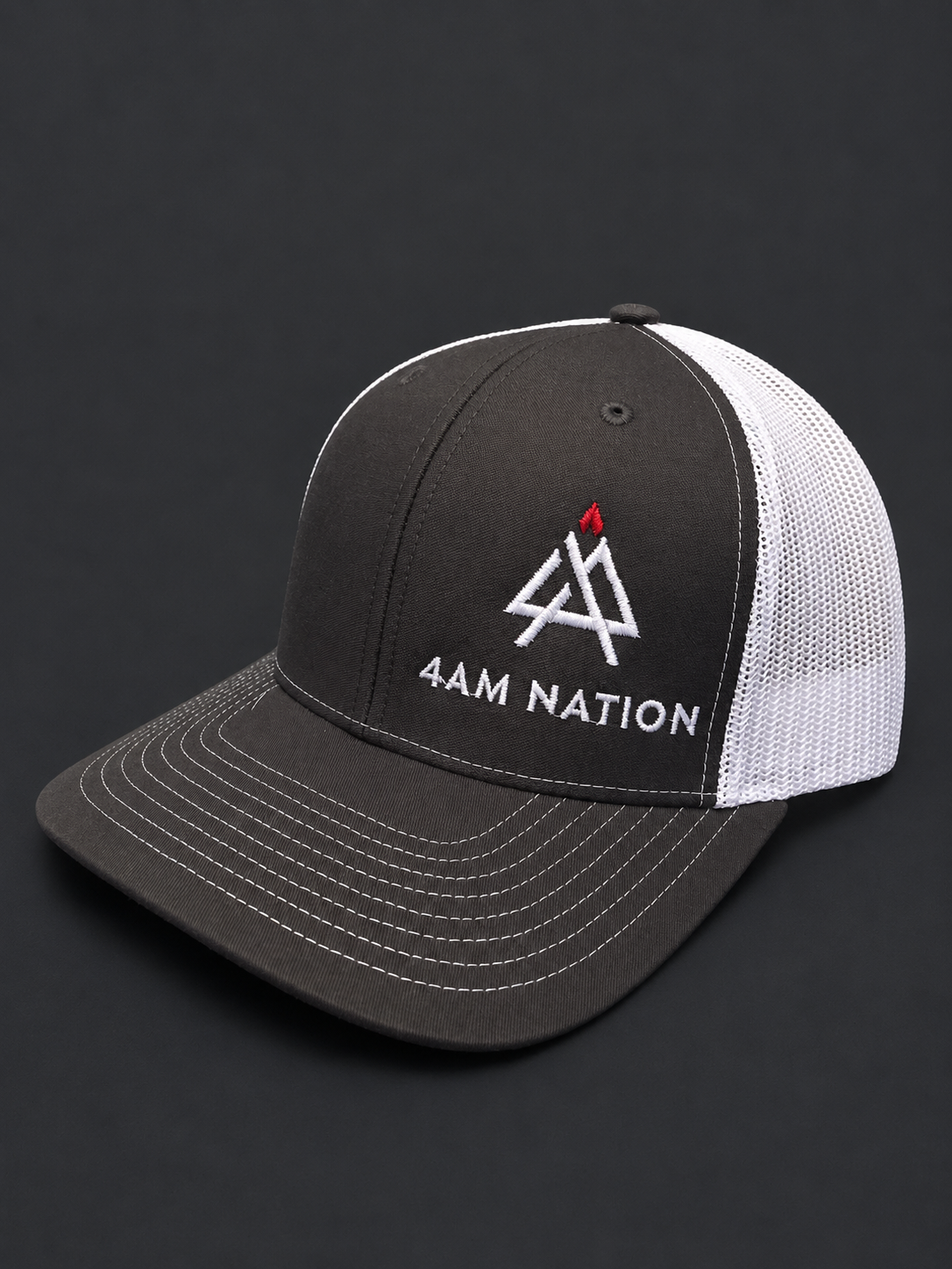 Charcoal and white hat with '4AM Nation' logo on a dark background