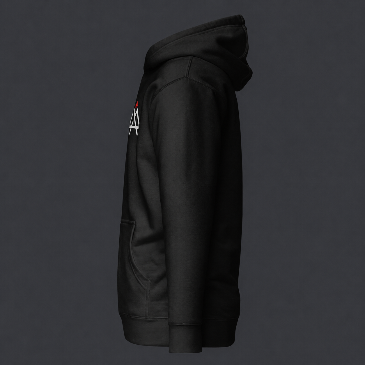 Black hoodie left side view with a small '4 AM NATION' logo on the chest against a dark background