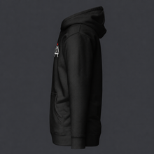 Load image into Gallery viewer, Black hoodie left side view with a small '4 AM NATION' logo on the chest against a dark background