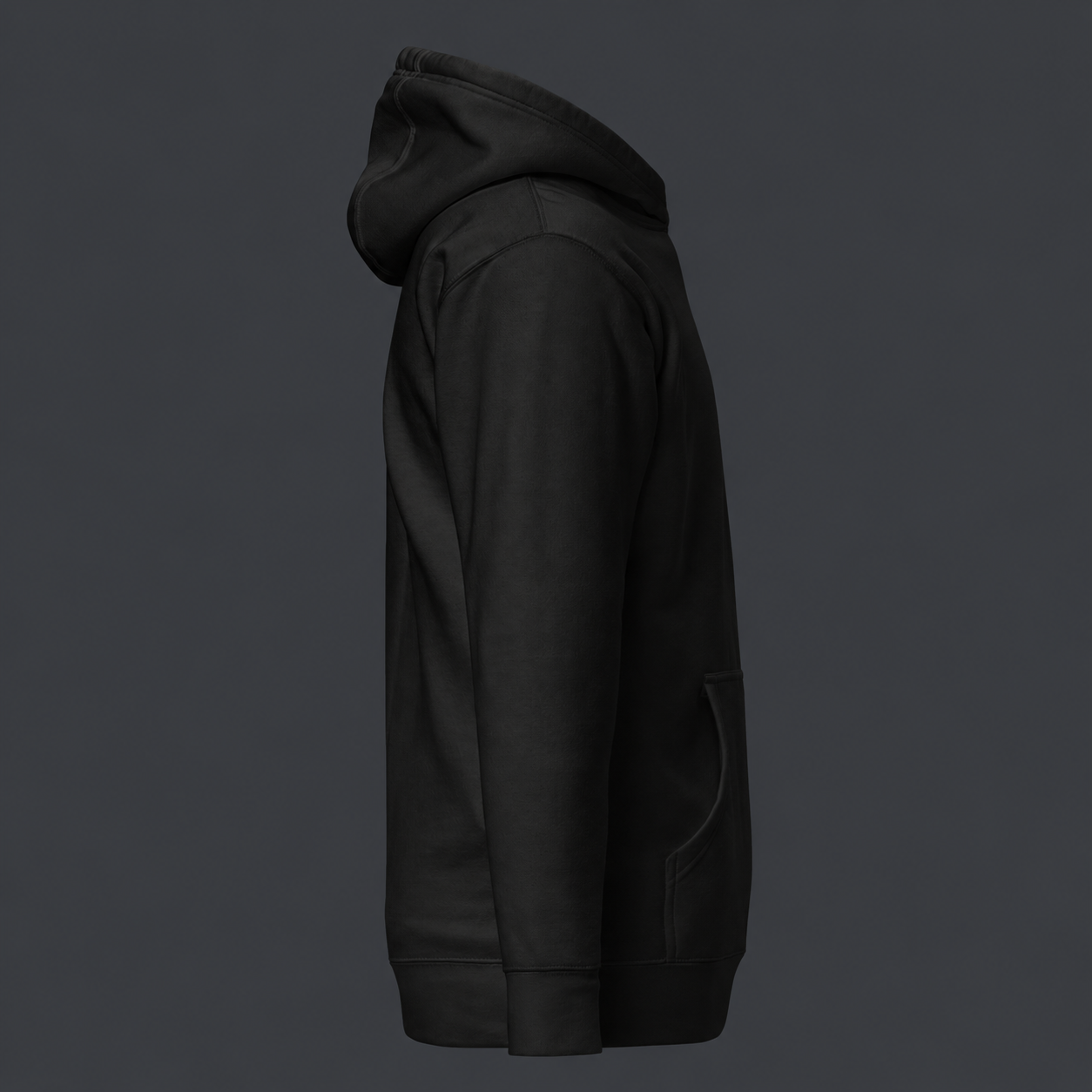 Black'4 AM NATION' hoodie right side view on a dark gray background