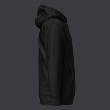 Load image into Gallery viewer, Black'4 AM NATION' hoodie right side view on a dark gray background