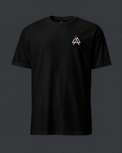 Load image into Gallery viewer, Black t-shirt with a small '4 AM NATION' logo on the chest against a dark background