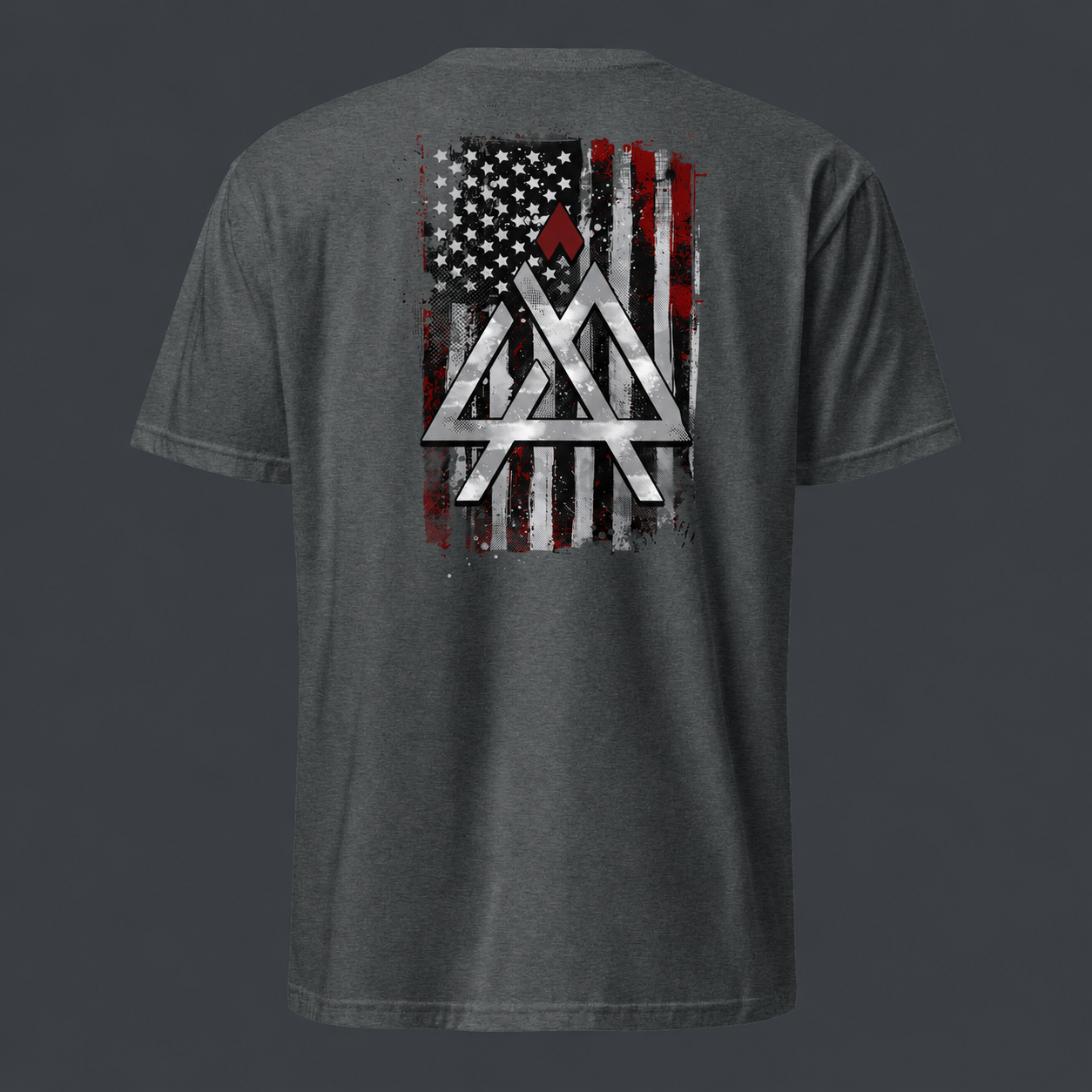 Gray t-shirt with a graphic design on the back featuring the '4 AM NATION' American flag and geometric shapes against a dark background.