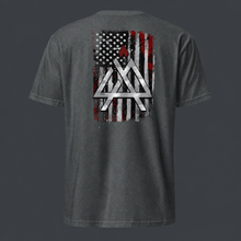 Load image into Gallery viewer, Gray t-shirt with a graphic design on the back featuring the '4 AM NATION' American flag and geometric shapes against a dark background.