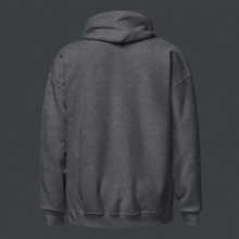 Load image into Gallery viewer, dark heather gray hoodie on a black background