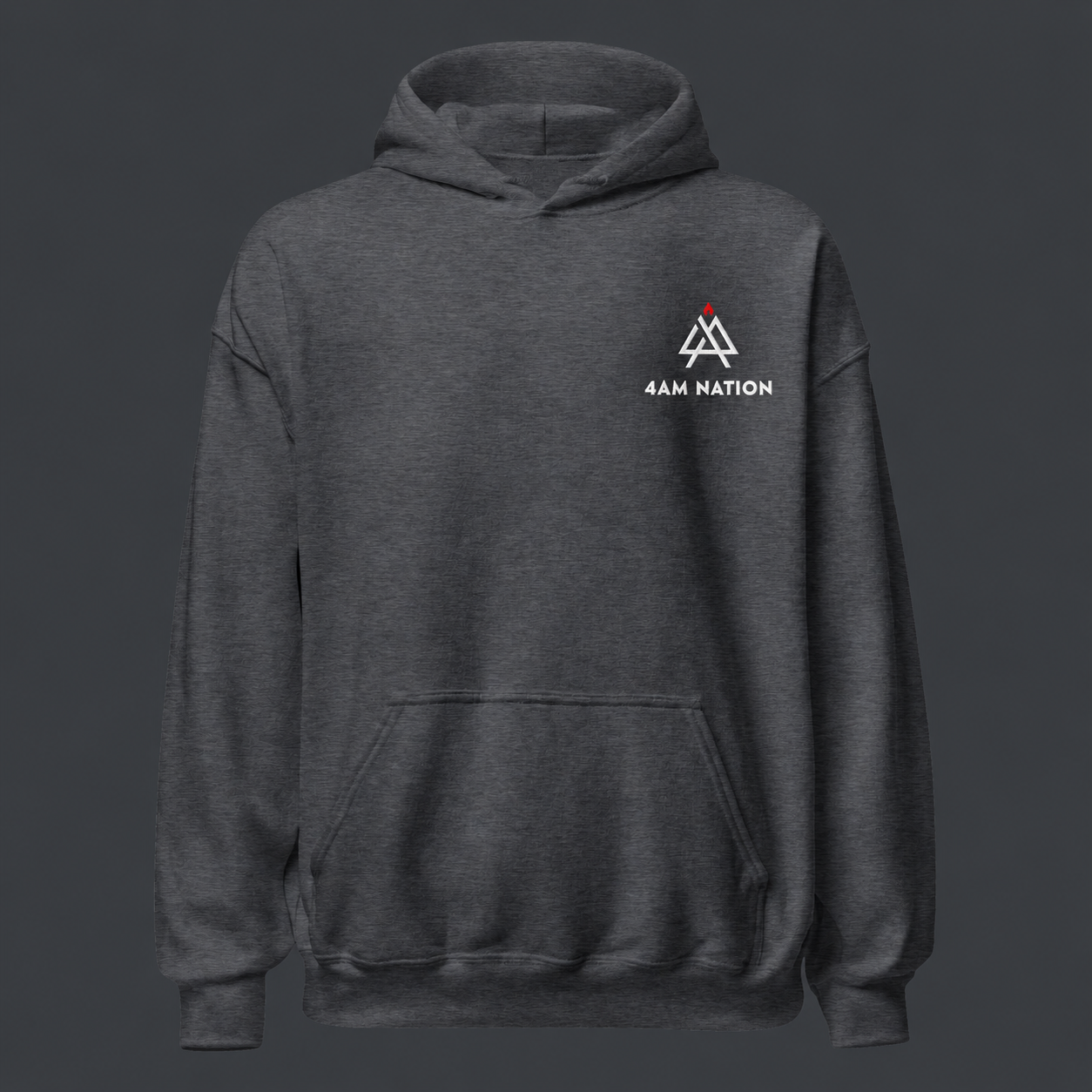 Dark heather gray hoodie with 4AM Nation logo on a dark gray background