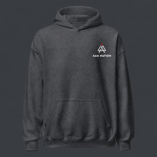Load image into Gallery viewer, Dark heather gray hoodie with 4AM Nation logo on a dark gray background