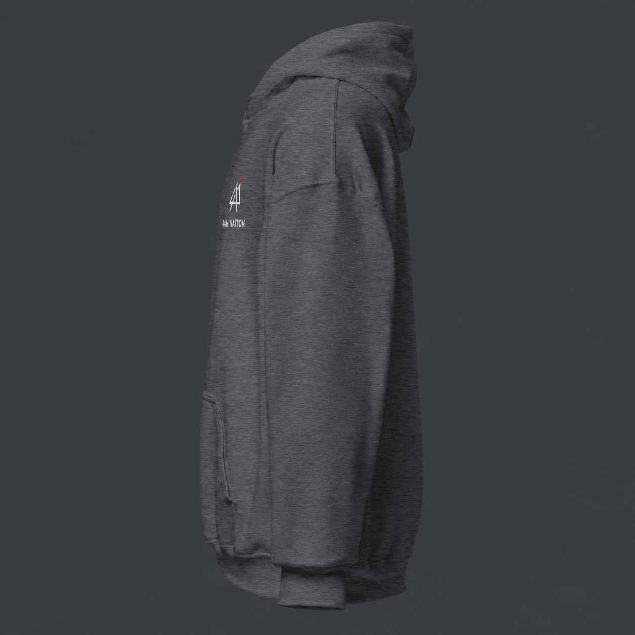 Dark heather gray hoodie with a 4 am nation logo on the chest against a dark background