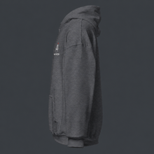 Load image into Gallery viewer, Dark heather gray hoodie with a 4 am nation logo on the chest against a dark background