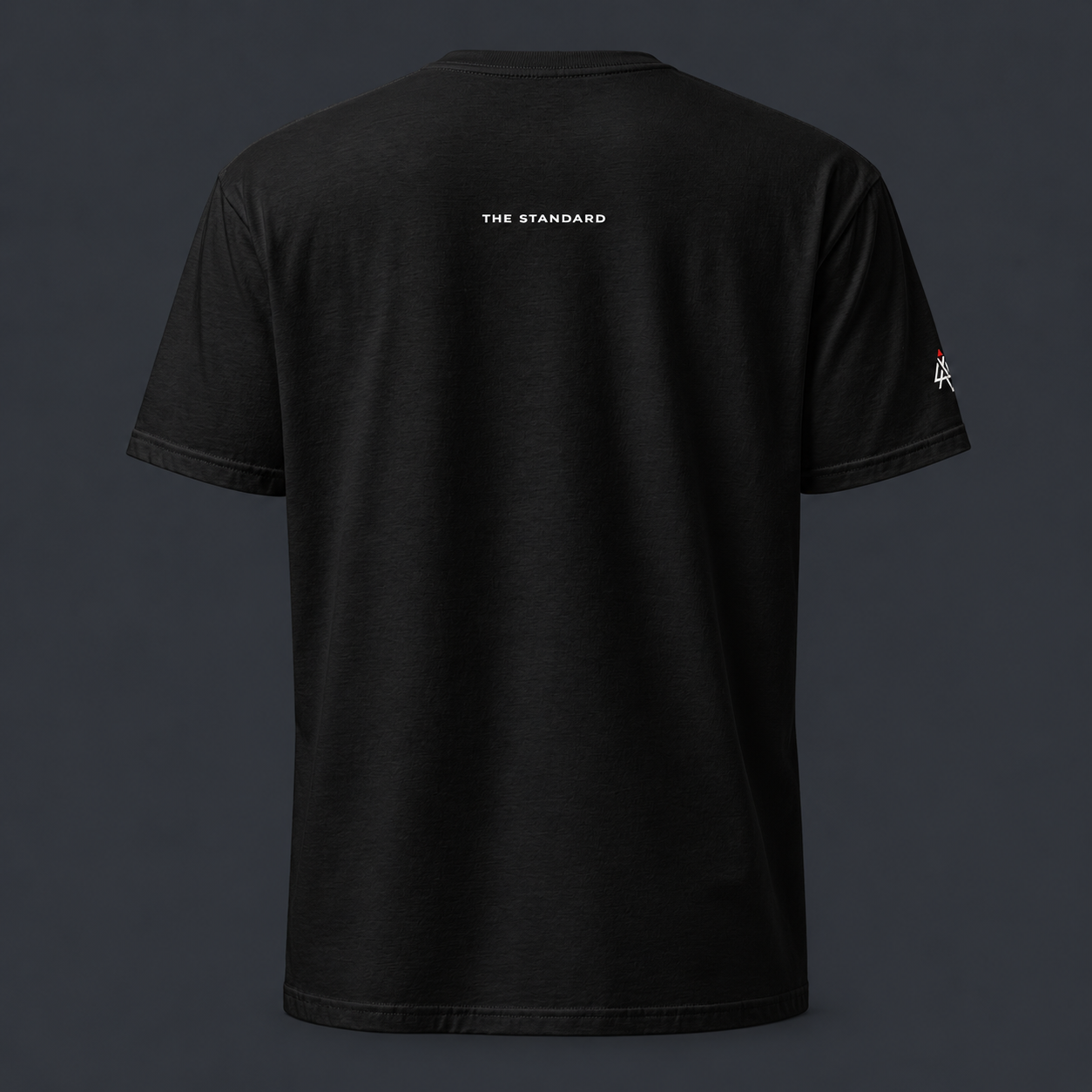 Black t-shirt with 'THE STANDARD' branding on the back and '4 AM NATION' logo on the right sleeve against a dark background