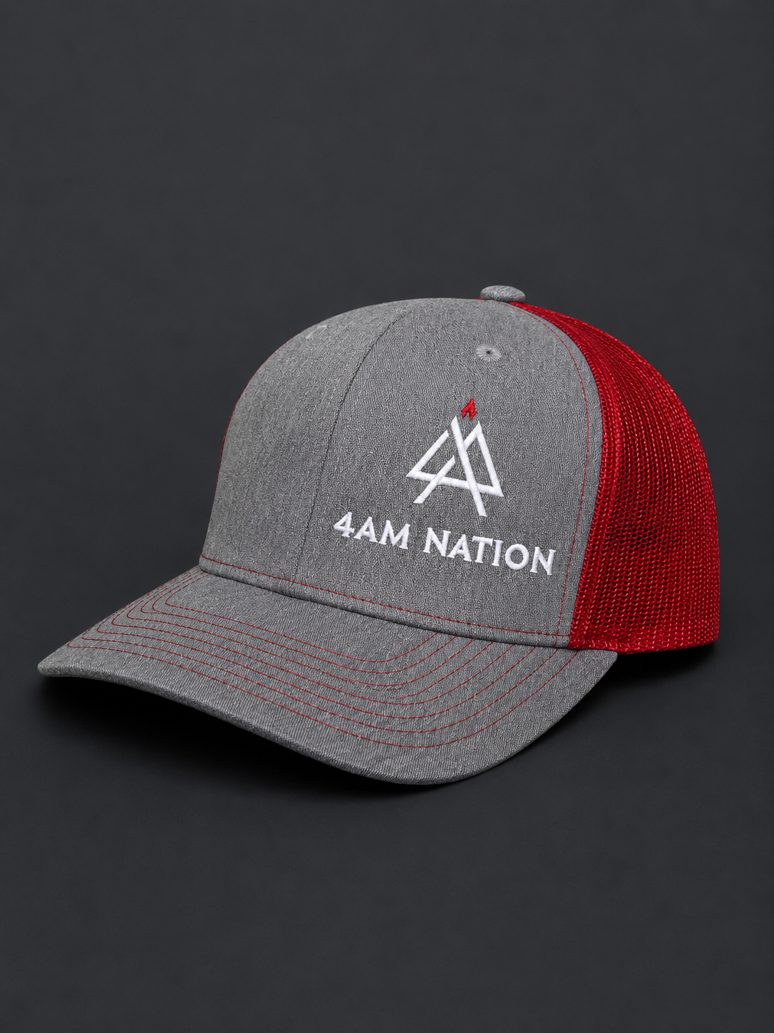 Heather gray and red hat with '4AM Nation' logo on a black background