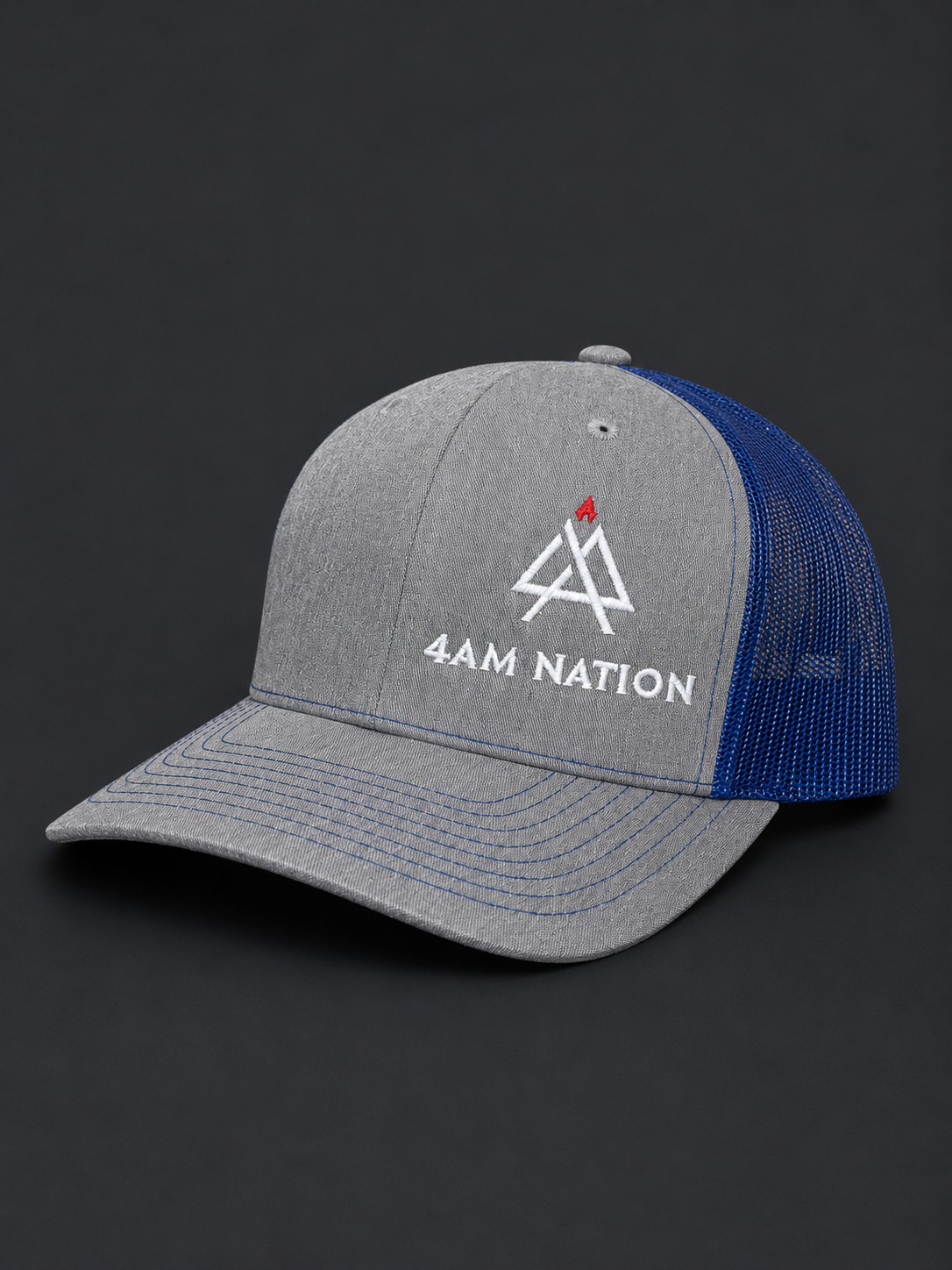 Heather gray and royal hat with '4AM Nation' logo on a black background