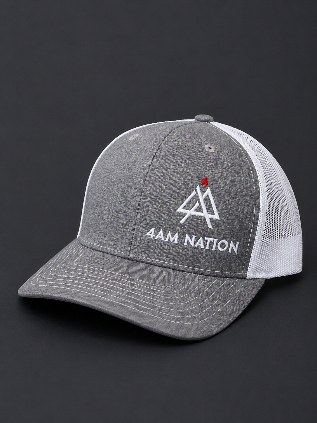 Heather gray and white hat with '4AM Nation' logo on a black background