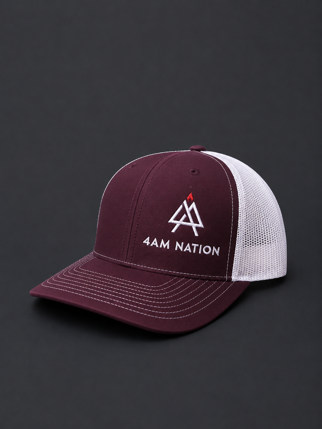 Maroon and white hat with '4AM Nation' logo on a dark background