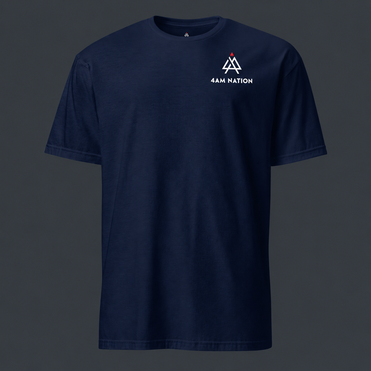 Navy blue t-shirt with a '4 AM NATION' logo on the chest against a dark background