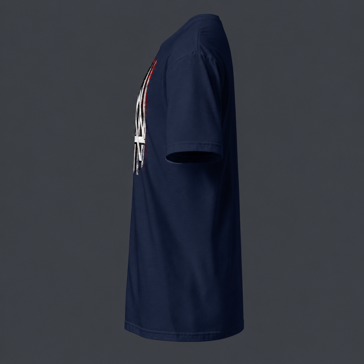 Navy blue t-shirt with a graphic design on the sleeve against a dark gray background