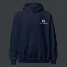 Load image into Gallery viewer, Navy blue hoodie with the 4 am nation logo on the chest against a dark background