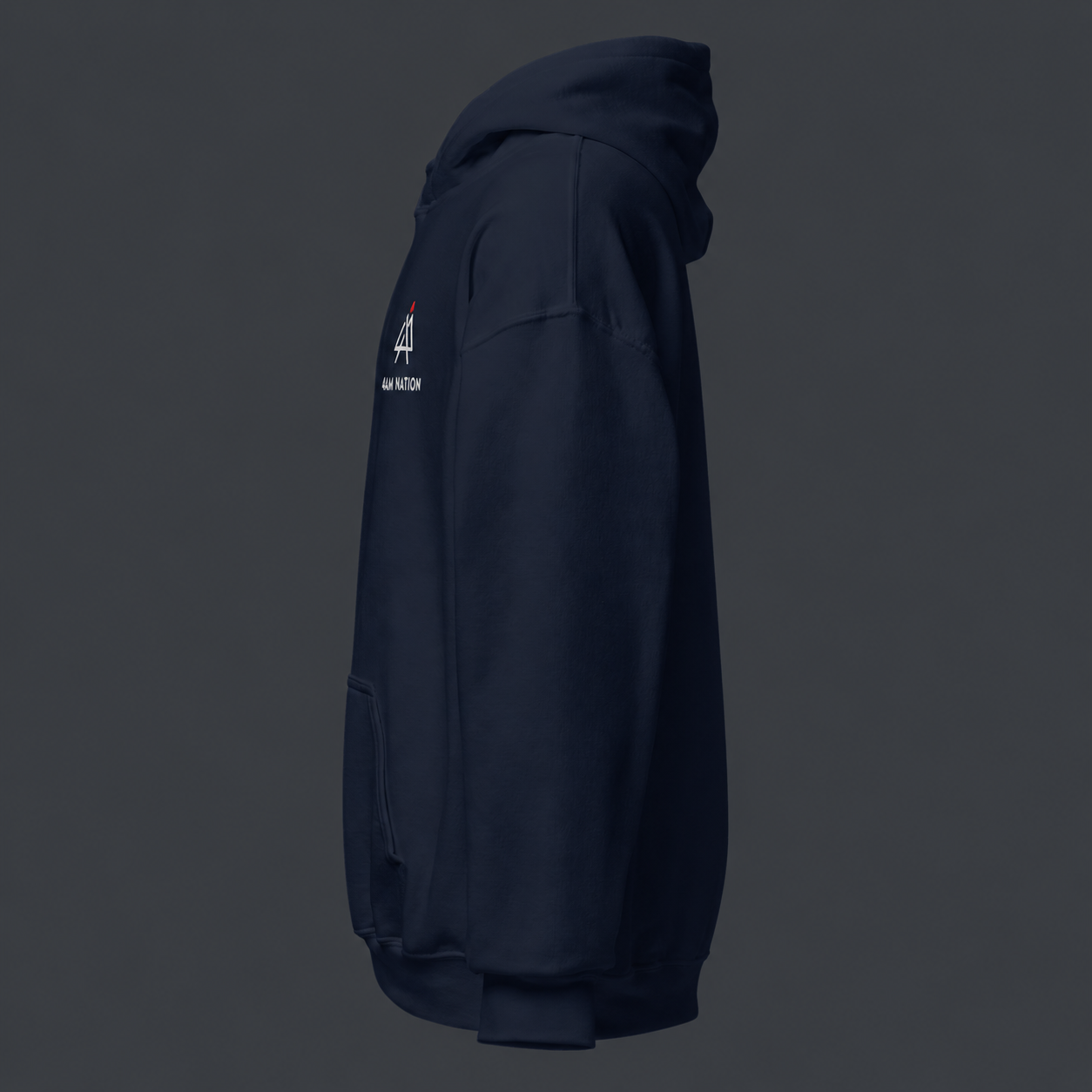 Navy blue hoodie with 4 am nation logo on the chest against a dark background