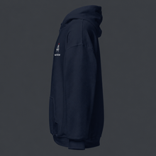 Load image into Gallery viewer, Navy blue hoodie with 4 am nation logo on the chest against a dark background