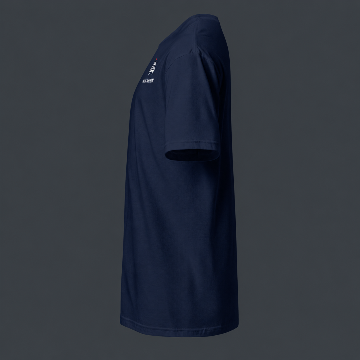 Navy blue t-shirt with a small white '4 AM NATION' logo on the chest against a dark gray background