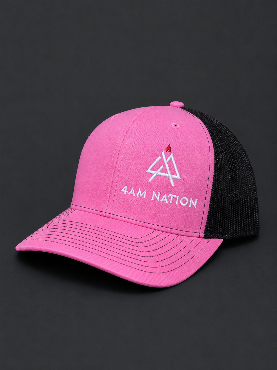 Pink and black hat with '4AM Nation' logo on a dark background