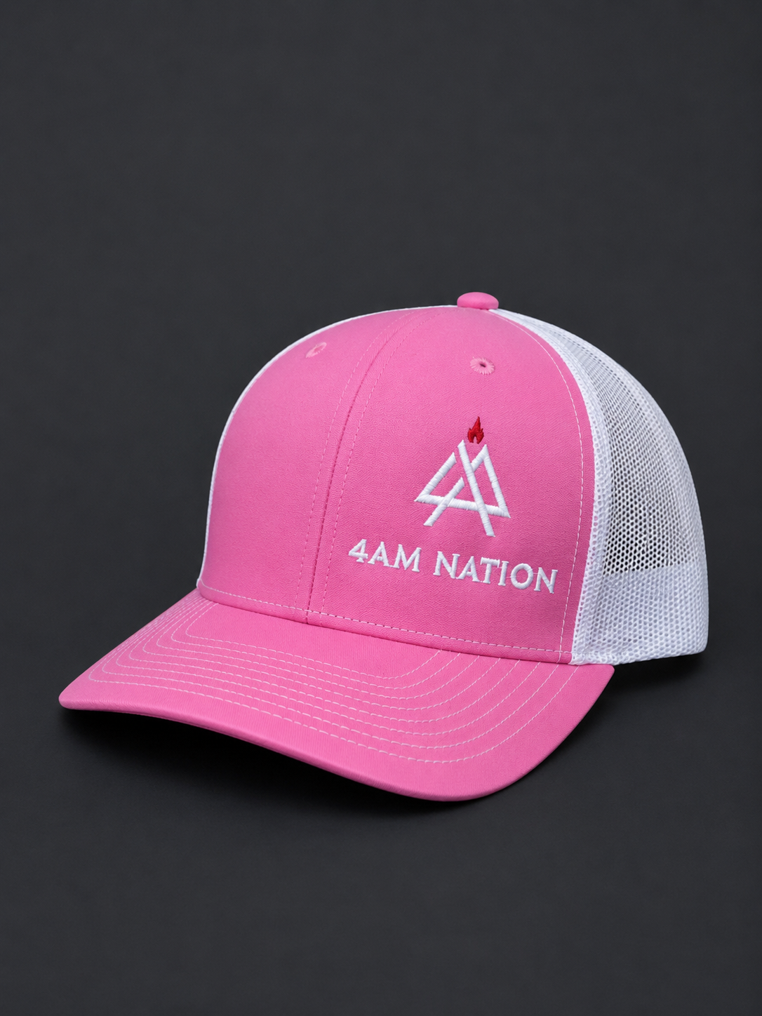 Pink and white hat with '4AM Nation' logo on a black background